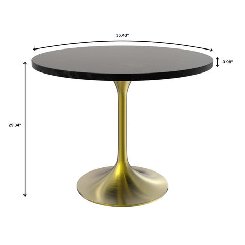 Verve 5-Piece Dining Set with 36" Round Dining Table Black MDF Top and Gold Base with 4 Velvet Dining Chairs in White Steel LegsElevate your dining experience with our Verve 5-Piece Dining Set! This elegant set includes a 36" round table with a sleek blac