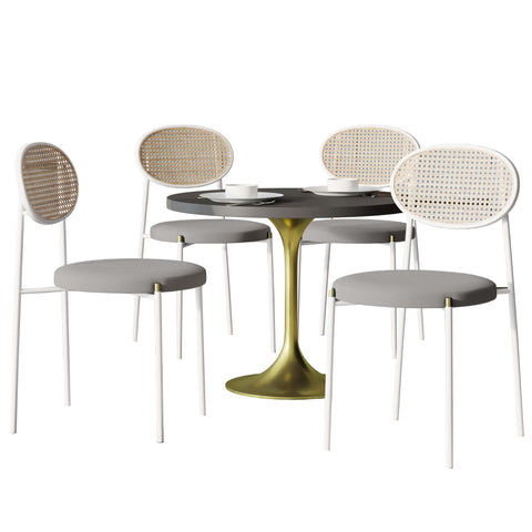 Verve 5-Piece Dining Set with 36" Round Dining Table Black MDF Top and Gold Base with 4 Velvet Dining Chairs in White Steel LegsElevate your dining experience with our Verve 5-Piece Dining Set! This elegant set includes a 36" round table with a sleek blac