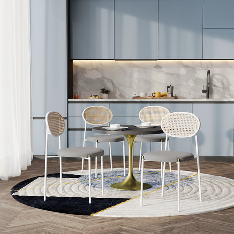 Verve 5-Piece Dining Set with 36" Round Dining Table Black MDF Top and Gold Base with 4 Velvet Dining Chairs in White Steel LegsElevate your dining experience with our Verve 5-Piece Dining Set! This elegant set includes a 36" round table with a sleek blac