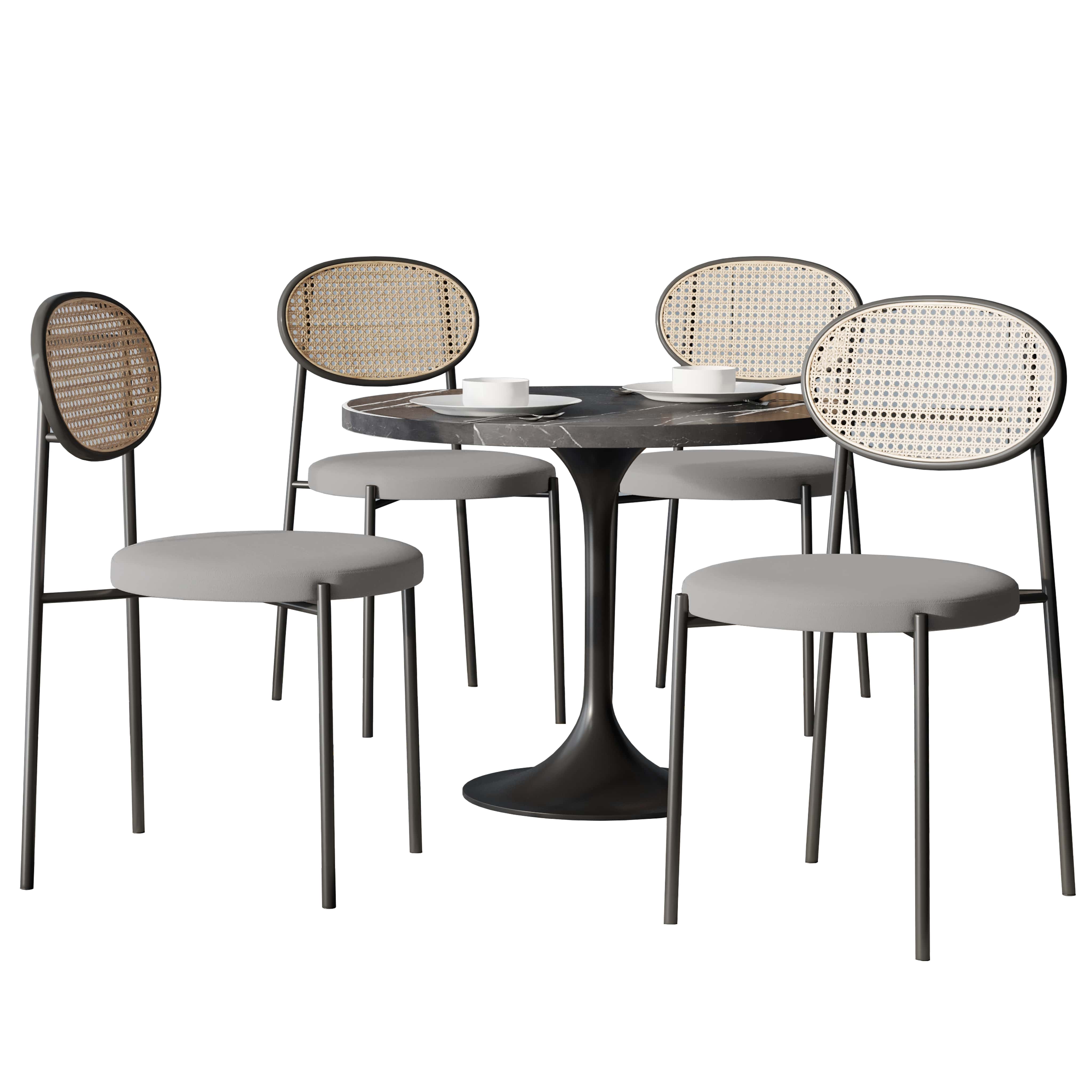 Verve 5-Piece Dining Set with 36" Round Dining Table Black Sintered Stone Top and Black Pedestal with 4 Velvet Dining Chairs in White Steel LegsElevate your dining experience with the Verve 5-Piece Dining Set. The 36" round black sintered stone top and bl