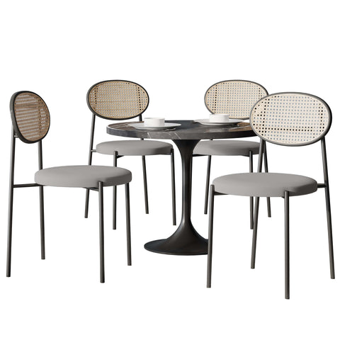 Verve 5-Piece Dining Set with 36" Round Dining Table Black Sintered Stone Top and Black Pedestal with 4 Velvet Dining Chairs in White Steel LegsElevate your dining experience with the Verve 5-Piece Dining Set. The 36" round black sintered stone top and bl
