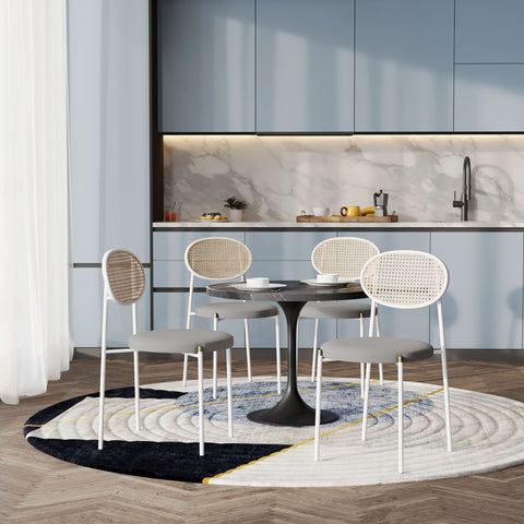 Verve 5-Piece Dining Set with 36" Round Dining Table Black Sintered Stone Top and Black Pedestal with 4 Velvet Dining Chairs in White Steel LegsElevate your dining experience with the Verve 5-Piece Dining Set. The 36" round black sintered stone top and bl