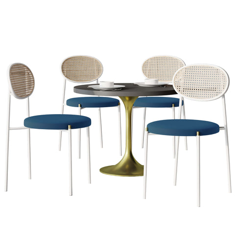 Verve 5-Piece Dining Set with 36" Round Dining Table Black MDF Top and Gold Base with 4 Velvet Dining Chairs in White Steel LegsElevate your dining experience with our Verve 5-Piece Dining Set! This elegant set includes a 36" round table with a sleek blac