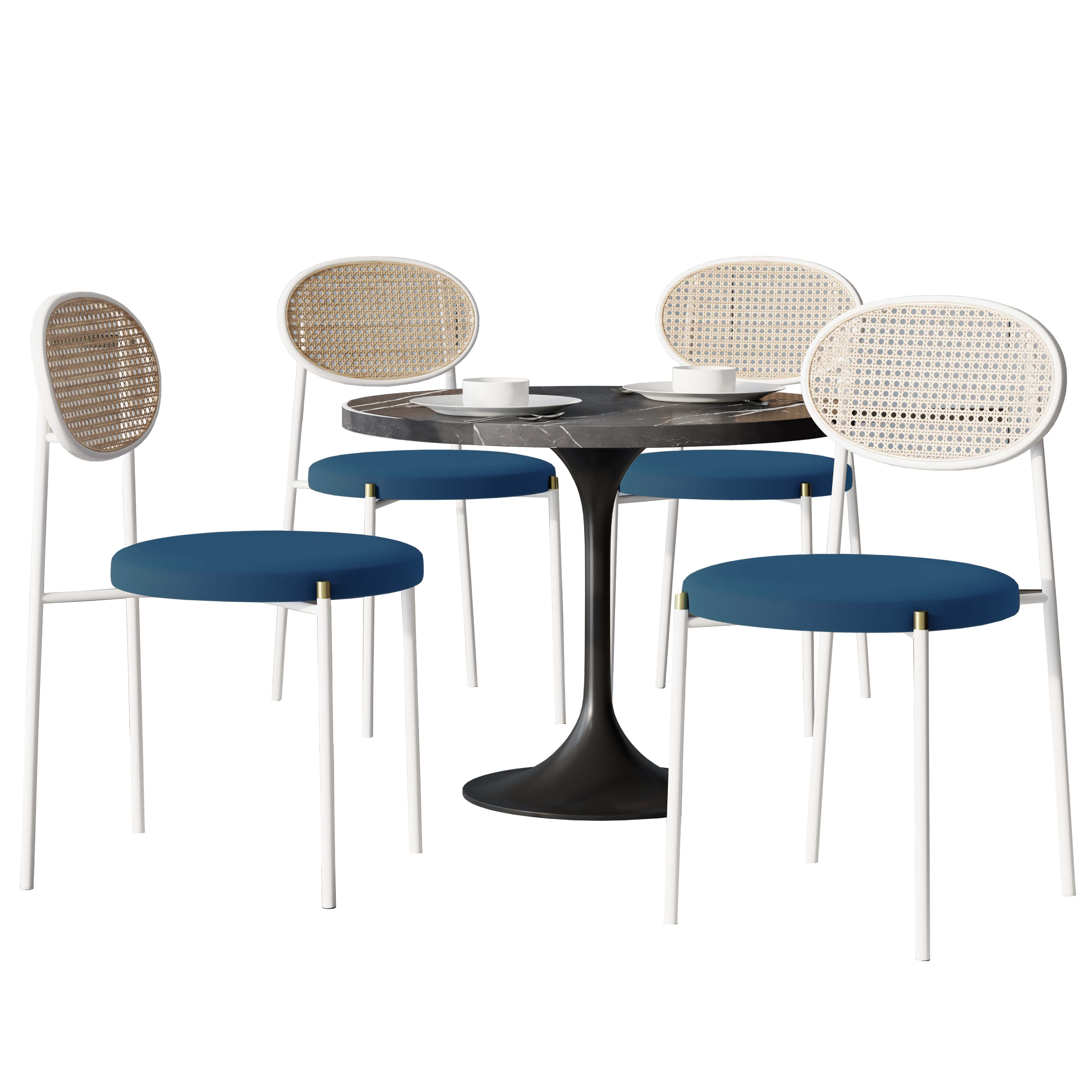 Verve 5-Piece Dining Set with 36" Round Dining Table Black Sintered Stone Top and Black Pedestal with 4 Velvet Dining Chairs in White Steel LegsElevate your dining experience with the Verve 5-Piece Dining Set. The 36" round black sintered stone top and bl