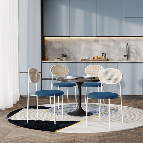 Verve 5-Piece Dining Set with 36" Round Dining Table Black Sintered Stone Top and Black Pedestal with 4 Velvet Dining Chairs in White Steel LegsElevate your dining experience with the Verve 5-Piece Dining Set. The 36" round black sintered stone top and bl