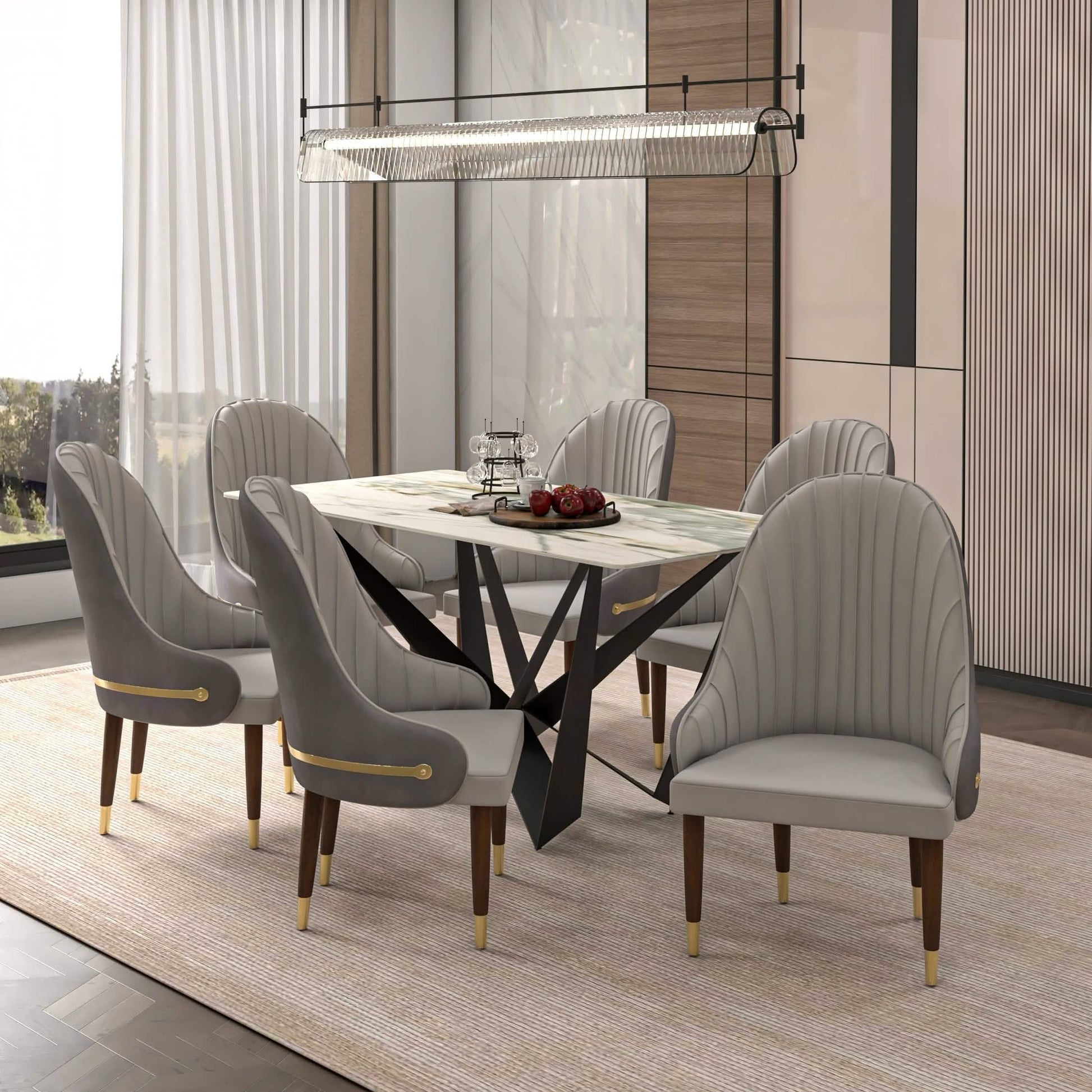 Elara Leather Dining Chair with Elegant Ripple Back and Gold Accents in Rubberwood Set of 2