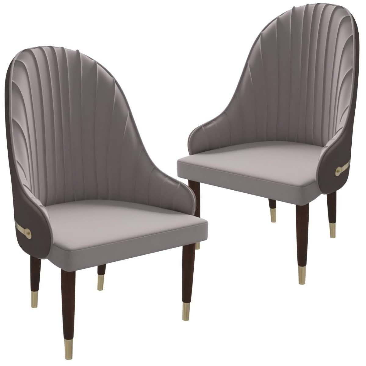Elara Leather Dining Chair with Elegant Ripple Back and Gold Accents in Rubberwood Set of 2