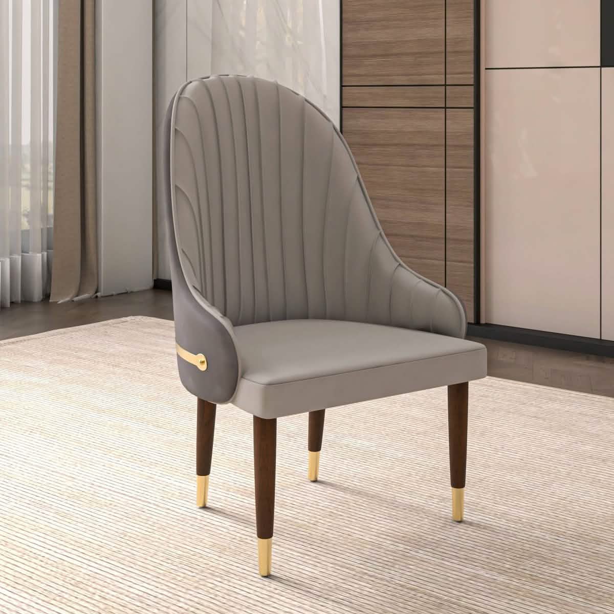 Elara Leather Dining Chair with Elegant Ripple Back and Gold Accents in Rubberwood Set of 2