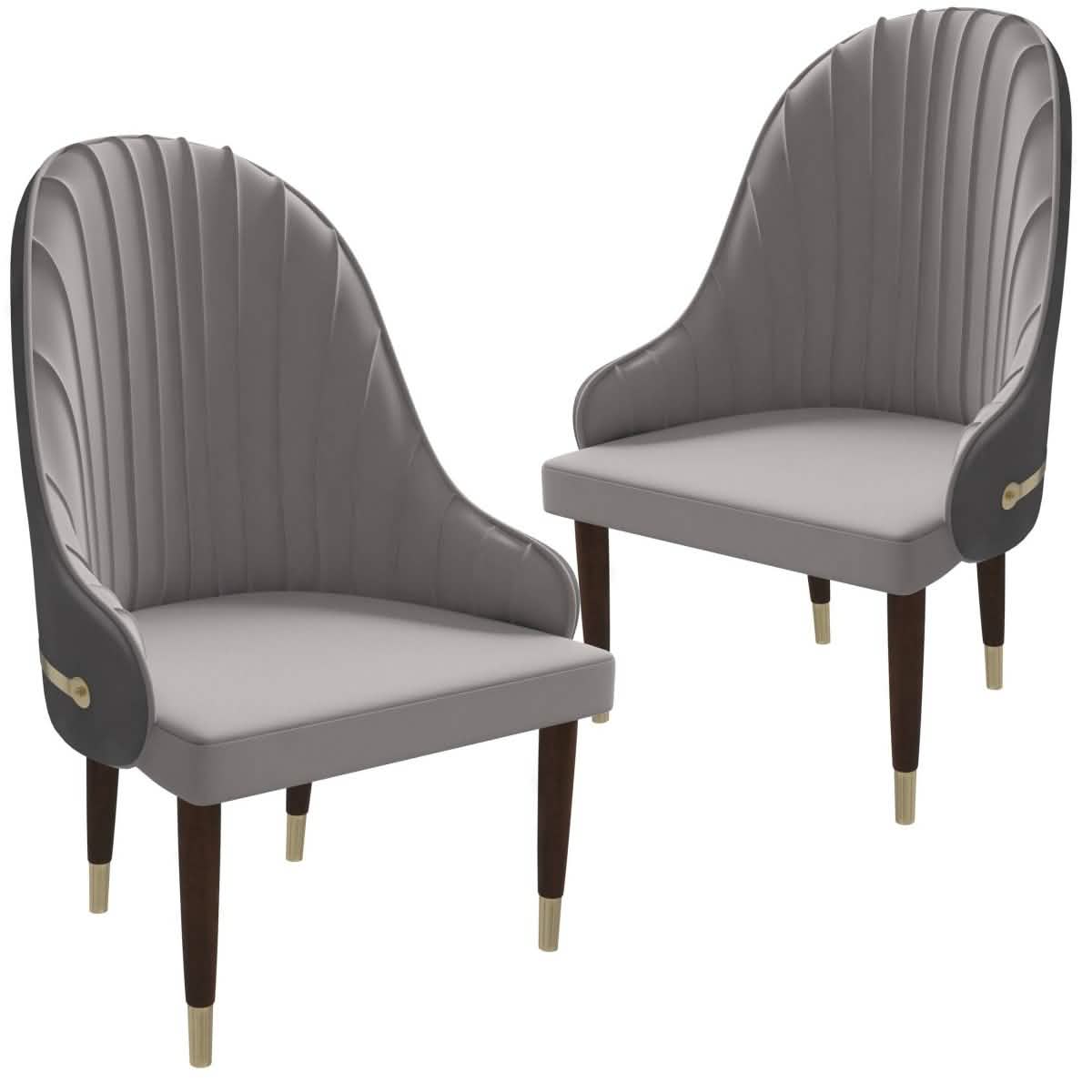 Elara Leather Dining Chair with Elegant Ripple Back and Gold Accents in Rubberwood Set of 2