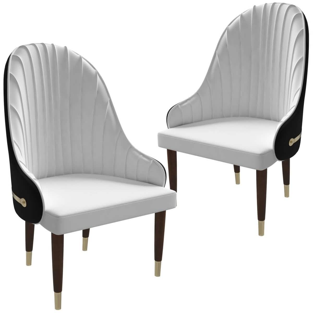 Elara Leather Dining Chair with Elegant Ripple Back and Gold Accents in Rubberwood Set of 2
