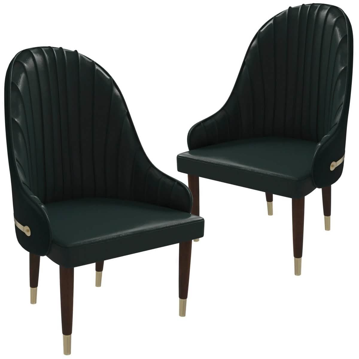 Elara Leather Dining Chair with Elegant Ripple Back and Gold Accents in Rubberwood Set of 2