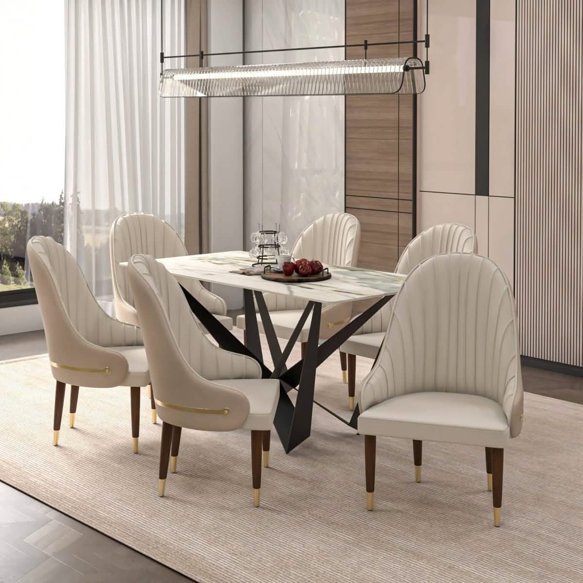 Elara Leather Dining Chair with Elegant Ripple Back and Gold Accents in Rubberwood Set of 2