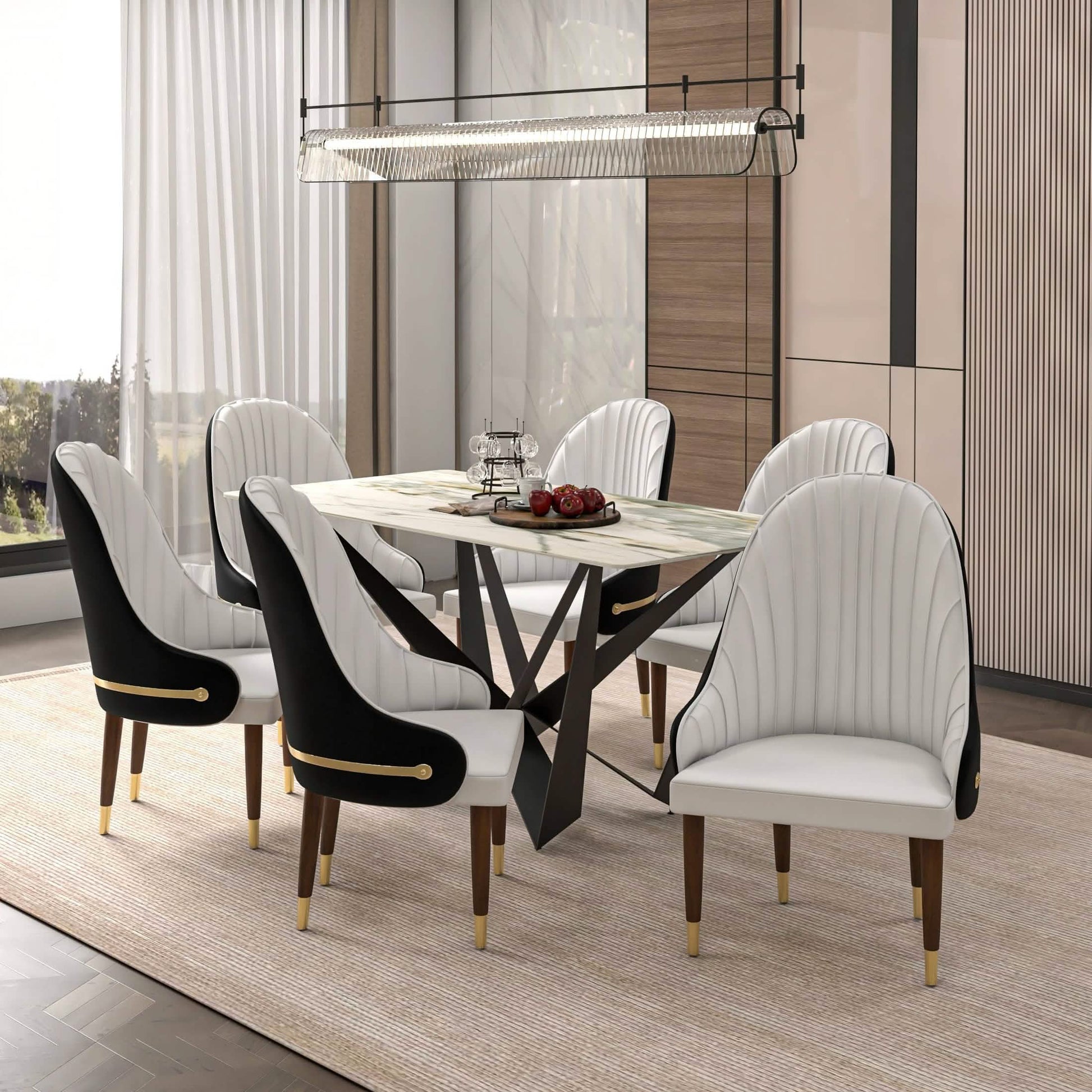 Elara Leather Dining Chair with Elegant Ripple Back and Gold Accents in Rubberwood Set of 2