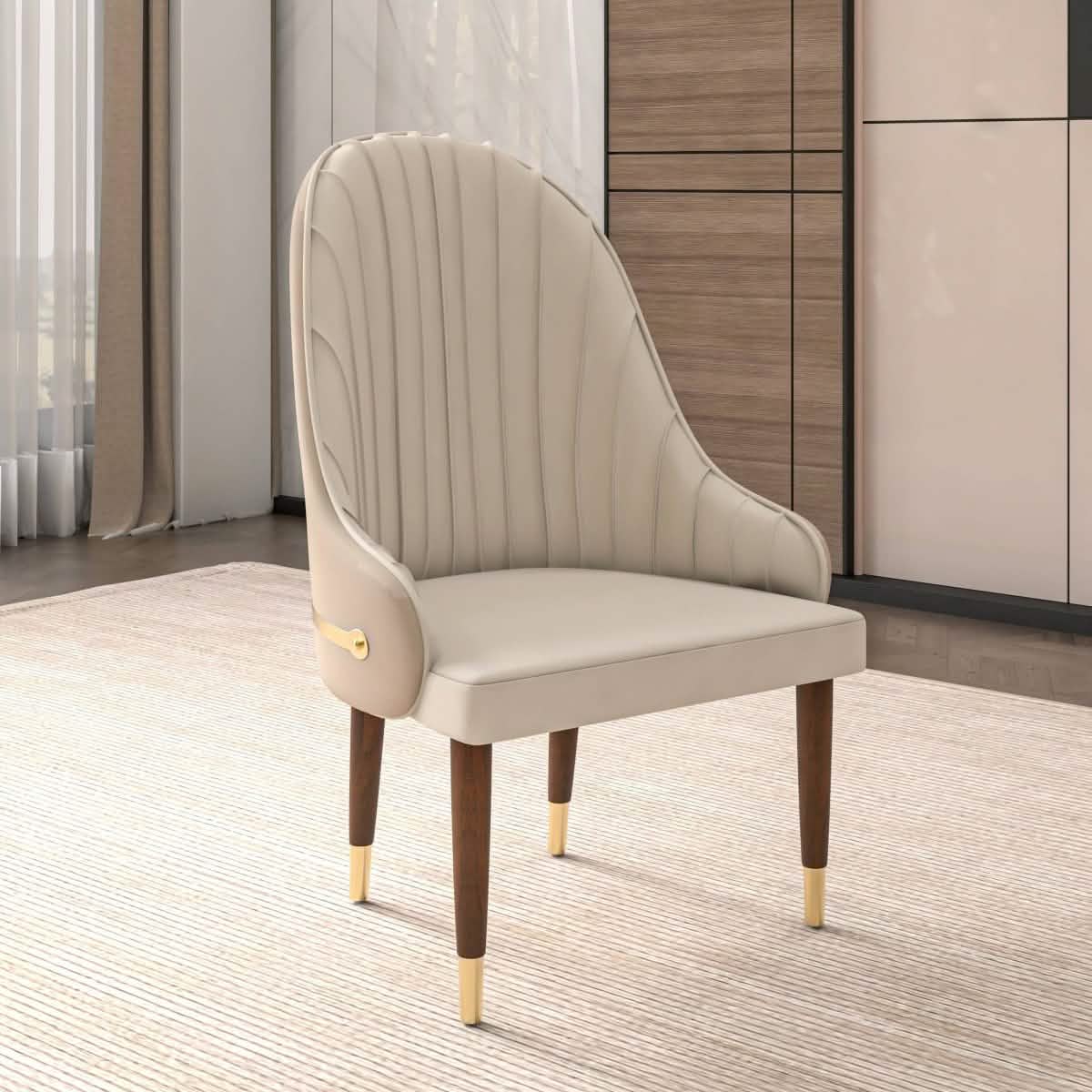 Elara Leather Dining Chair with Elegant Ripple Back and Gold Accents in Rubberwood Set of 2
