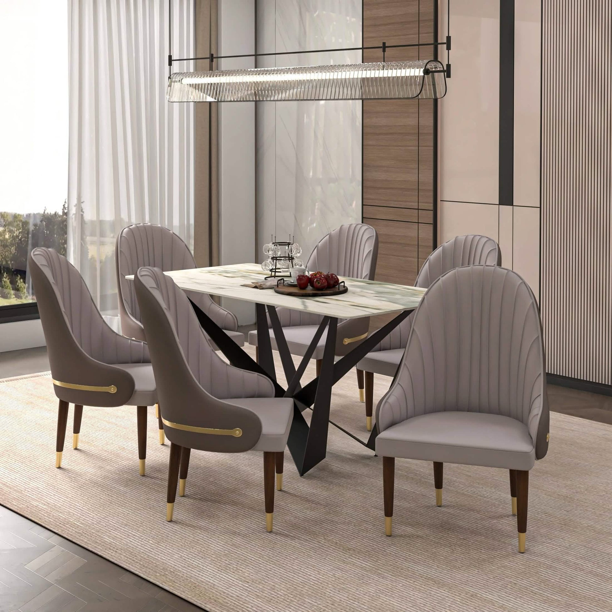 Elara Leather Dining Chair with Elegant Ripple Back and Gold Accents in Rubberwood Set of 2