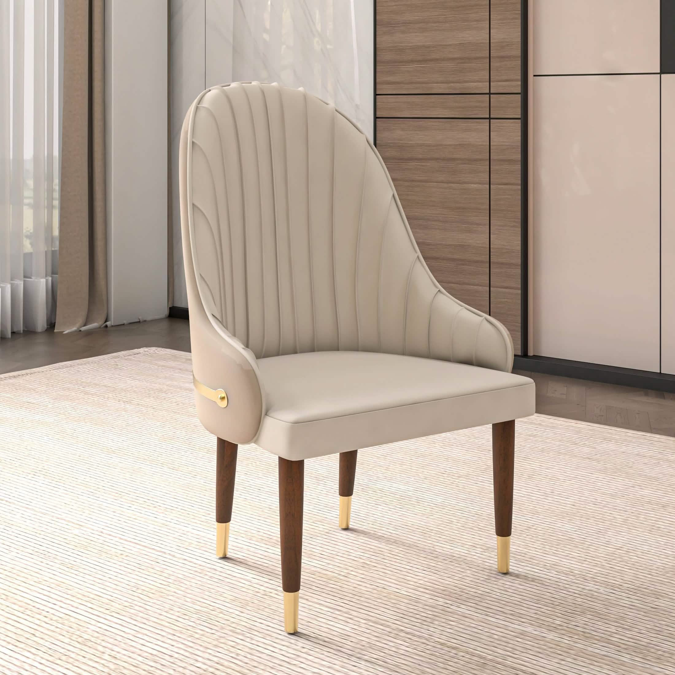 Elara Leather Dining Chair with Elegant Ripple Back and Gold Accents in Rubberwood Set of 4