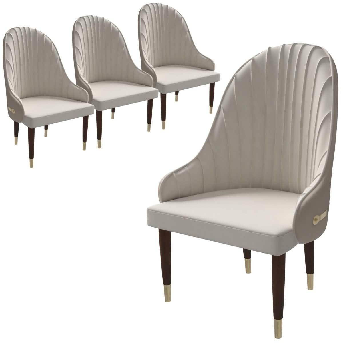 Elara Leather Dining Chair with Elegant Ripple Back and Gold Accents in Rubberwood Set of 4