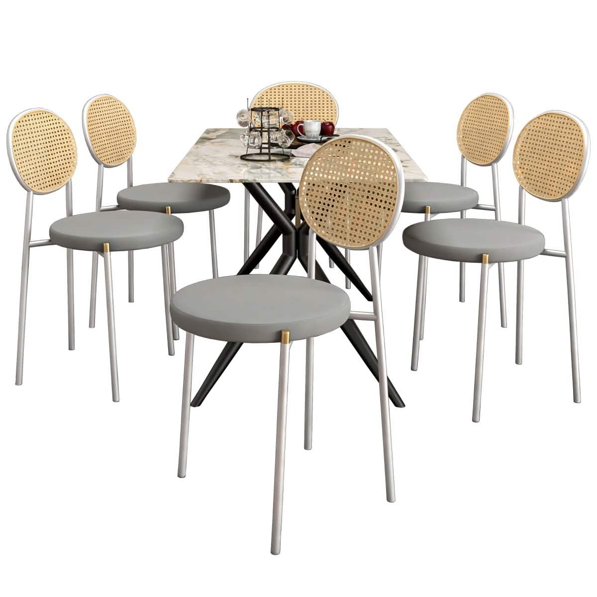 Elega 7 - Piece Dining Set with Rectangular Sintered Stone Table and 6 Velvet Side Chairs with Wicker Back