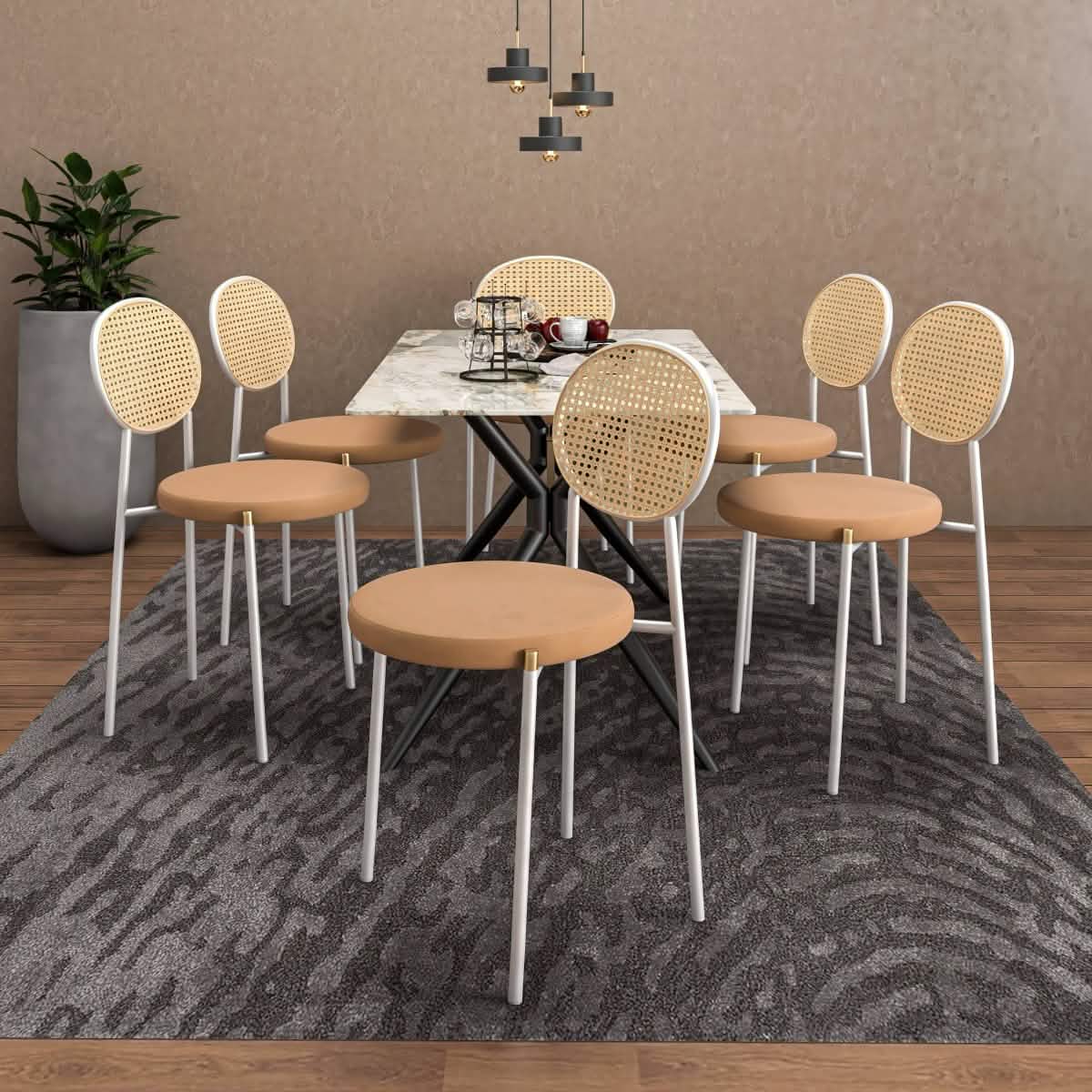 Elega 7 - Piece Dining Set with Rectangular Sintered Stone Table and 6 Velvet Side Chairs with Wicker Back