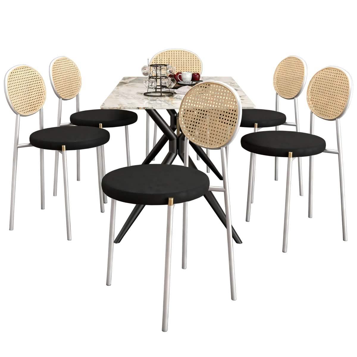 Elega 7 - Piece Dining Set with Rectangular Sintered Stone Table and 6 Velvet Side Chairs with Wicker Back