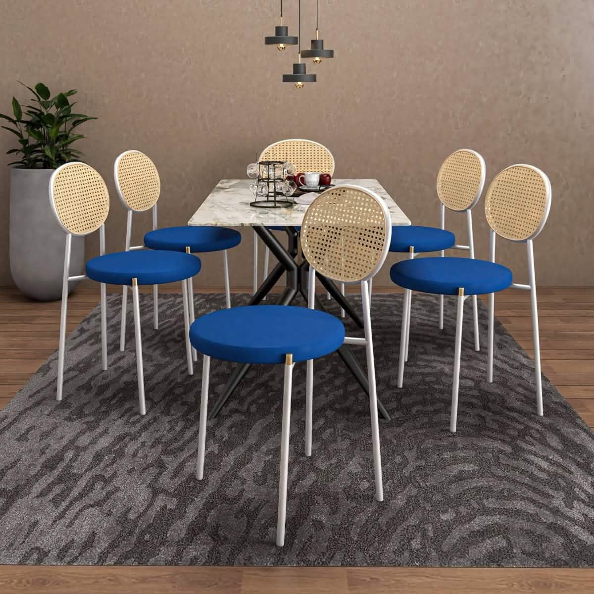 Elega 7 - Piece Dining Set with Rectangular Sintered Stone Table and 6 Velvet Side Chairs with Wicker Back