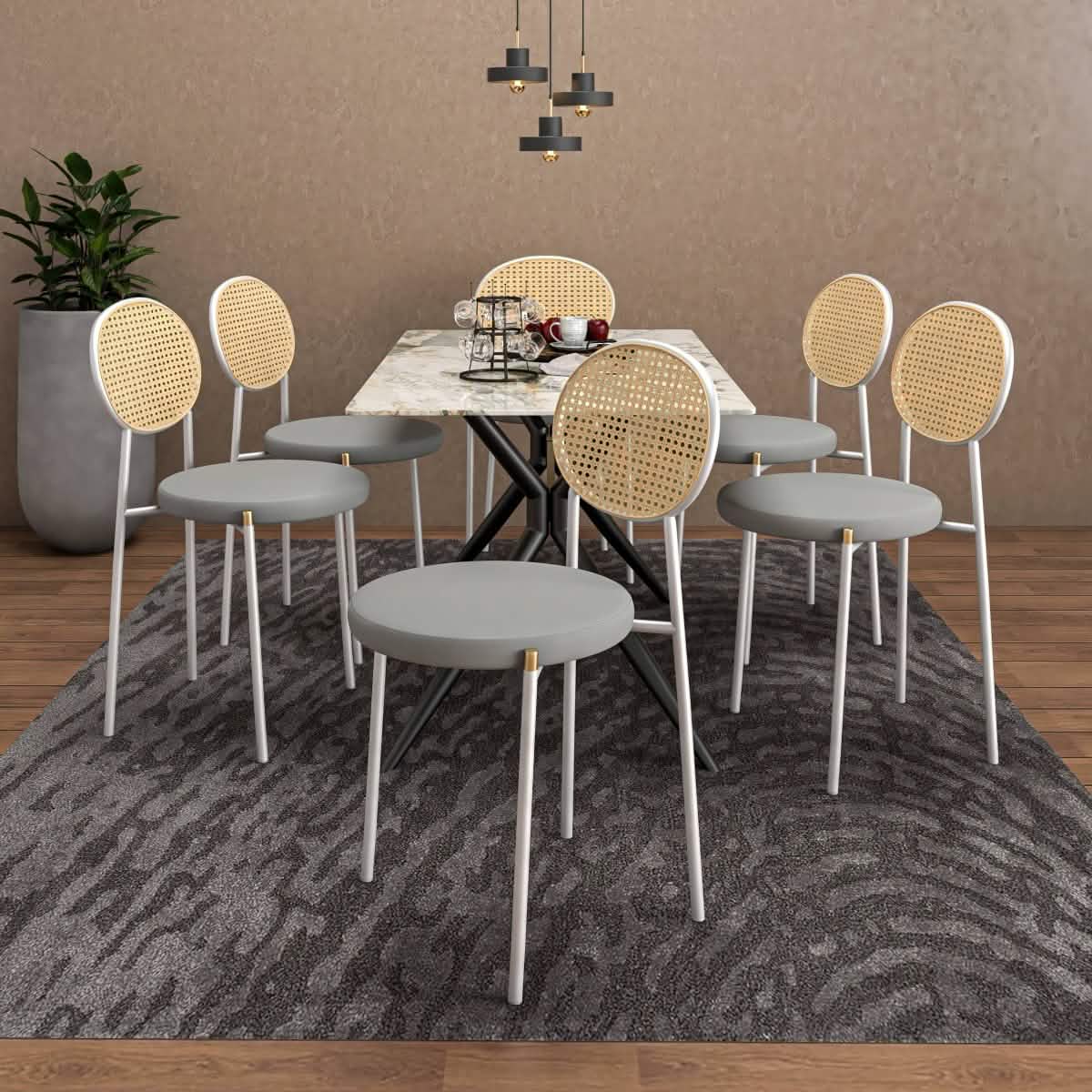 Elega 7 - Piece Dining Set with Rectangular Sintered Stone Table and 6 Velvet Side Chairs with Wicker Back