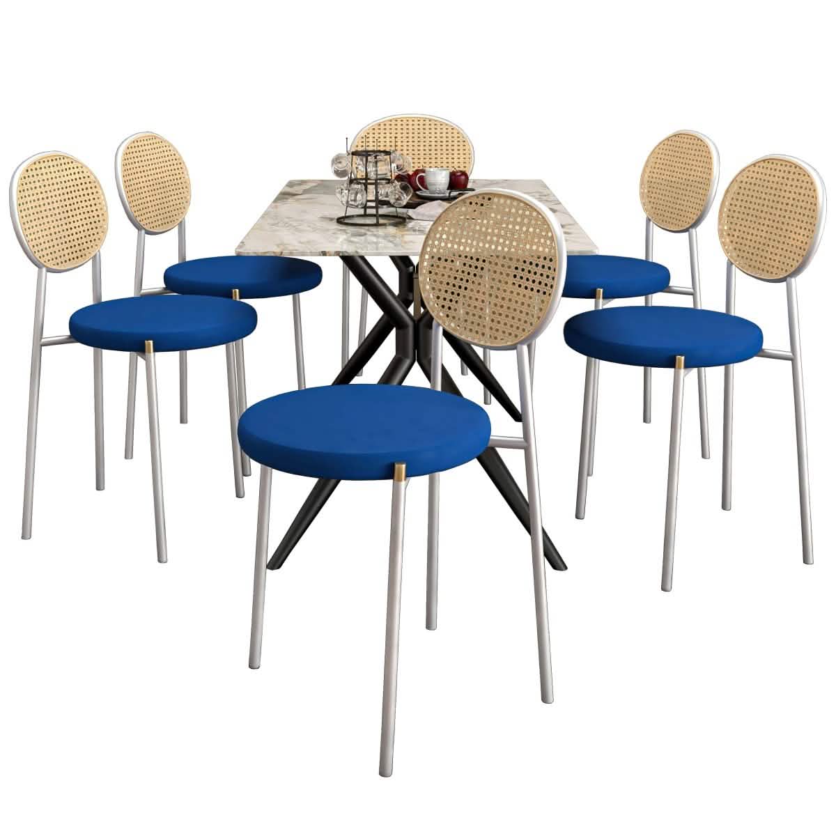 Elega 7 - Piece Dining Set with Rectangular Sintered Stone Table and 6 Velvet Side Chairs with Wicker Back