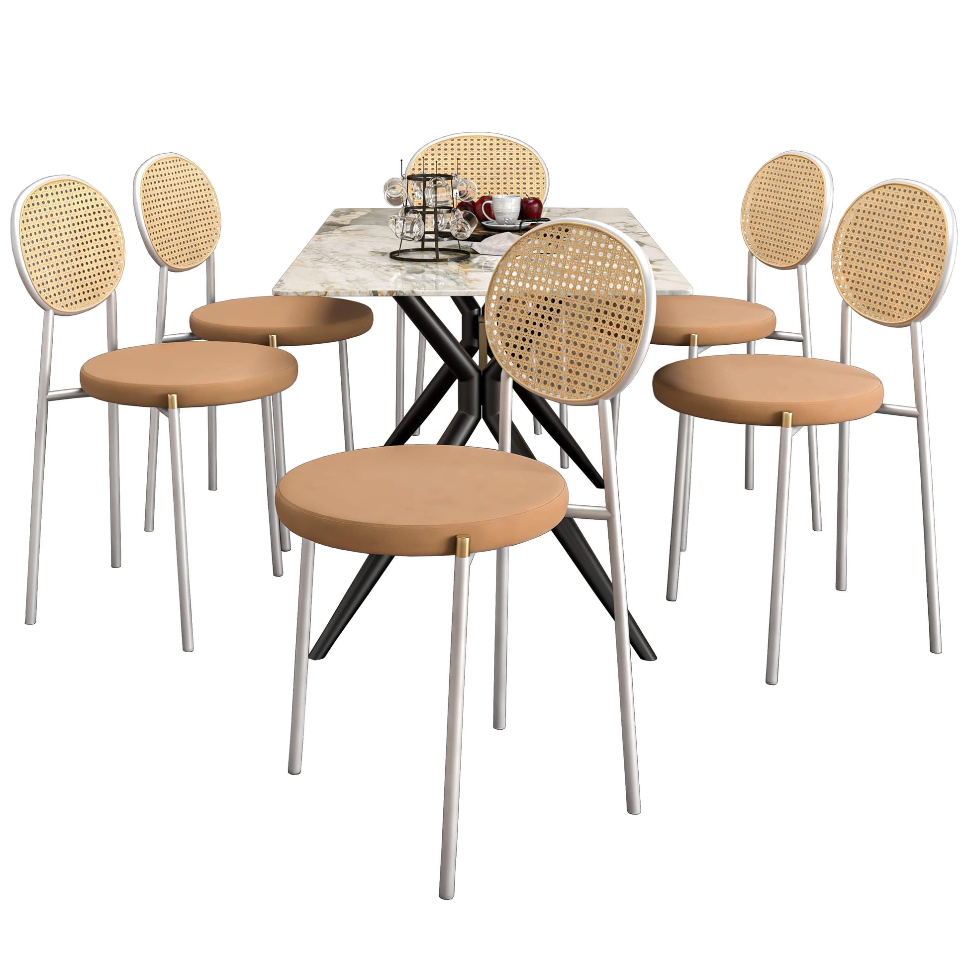 Elega 7 - Piece Dining Set with Rectangular Sintered Stone Table and 6 Velvet Side Chairs with Wicker Back