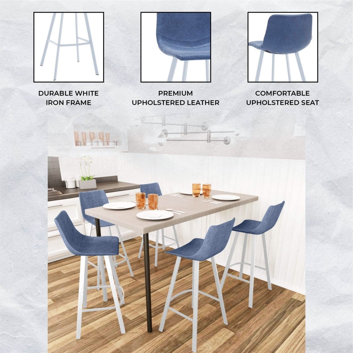Elland 41" Leather Counter Height Barstool with Stainless Steel Legs and Footrest Set of 2