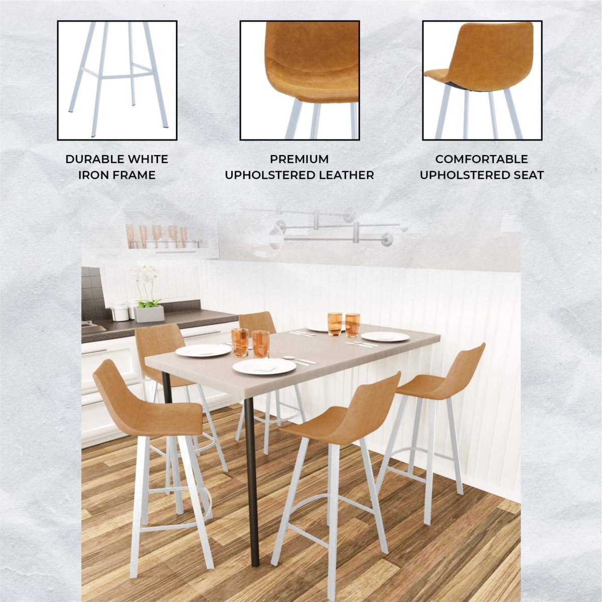 Elland 41" Leather Counter Height Barstool with Stainless Steel Legs and Footrest Set of 2
