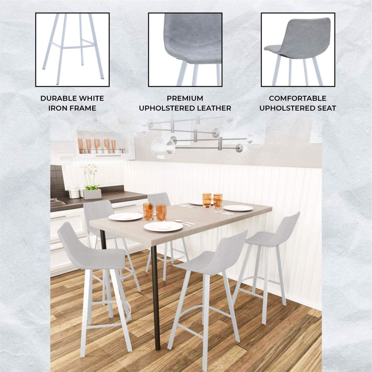 Elland 41" Leather Counter Height Barstool with Stainless Steel Legs and Footrest Set of 2