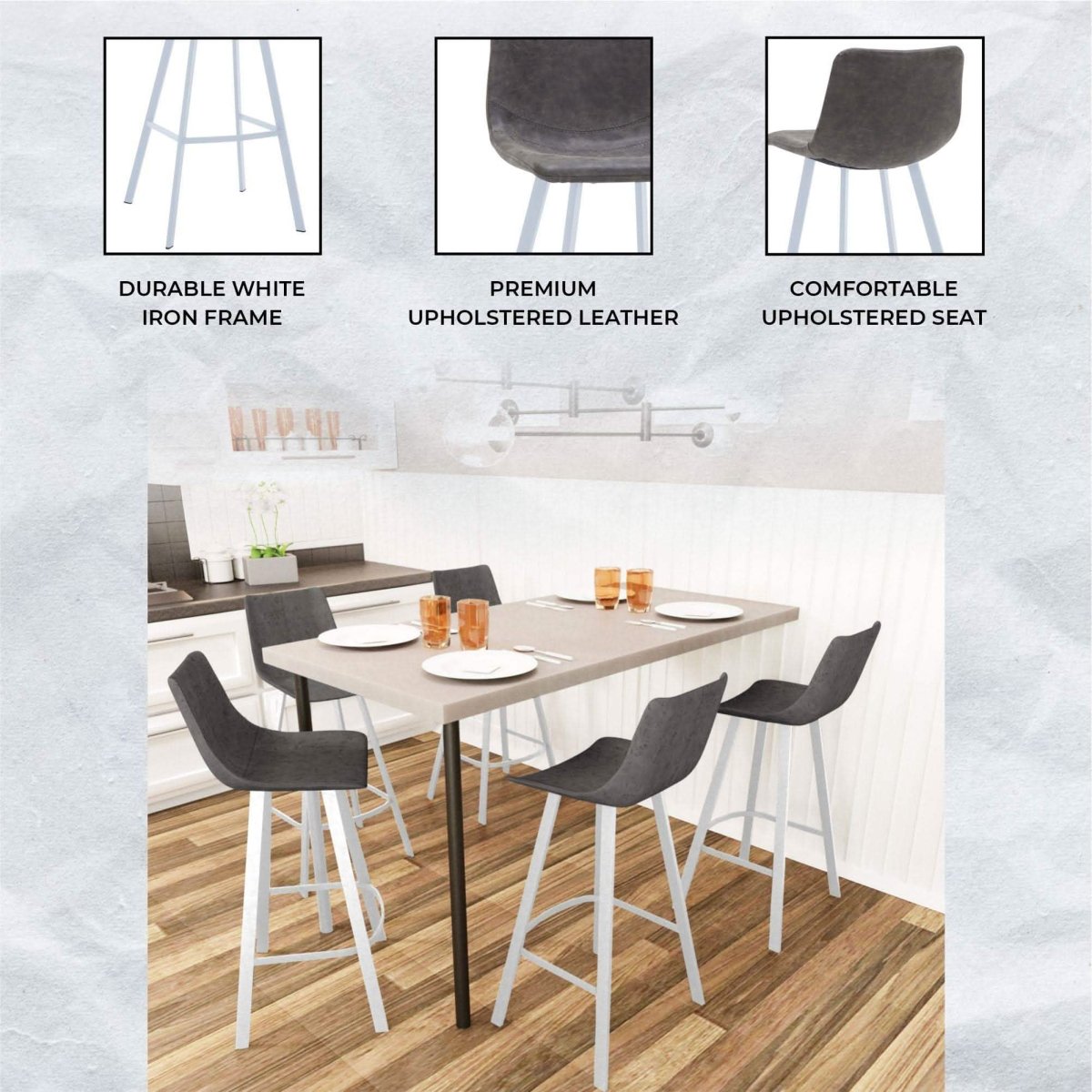 Elland 41" Leather Counter Height Barstool with Stainless Steel Legs and Footrest Set of 2
