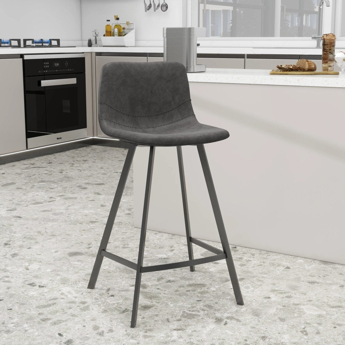 Elland Modern Upholstered Leather Bar Stool With Black Iron Legs & Footrest Set of 2