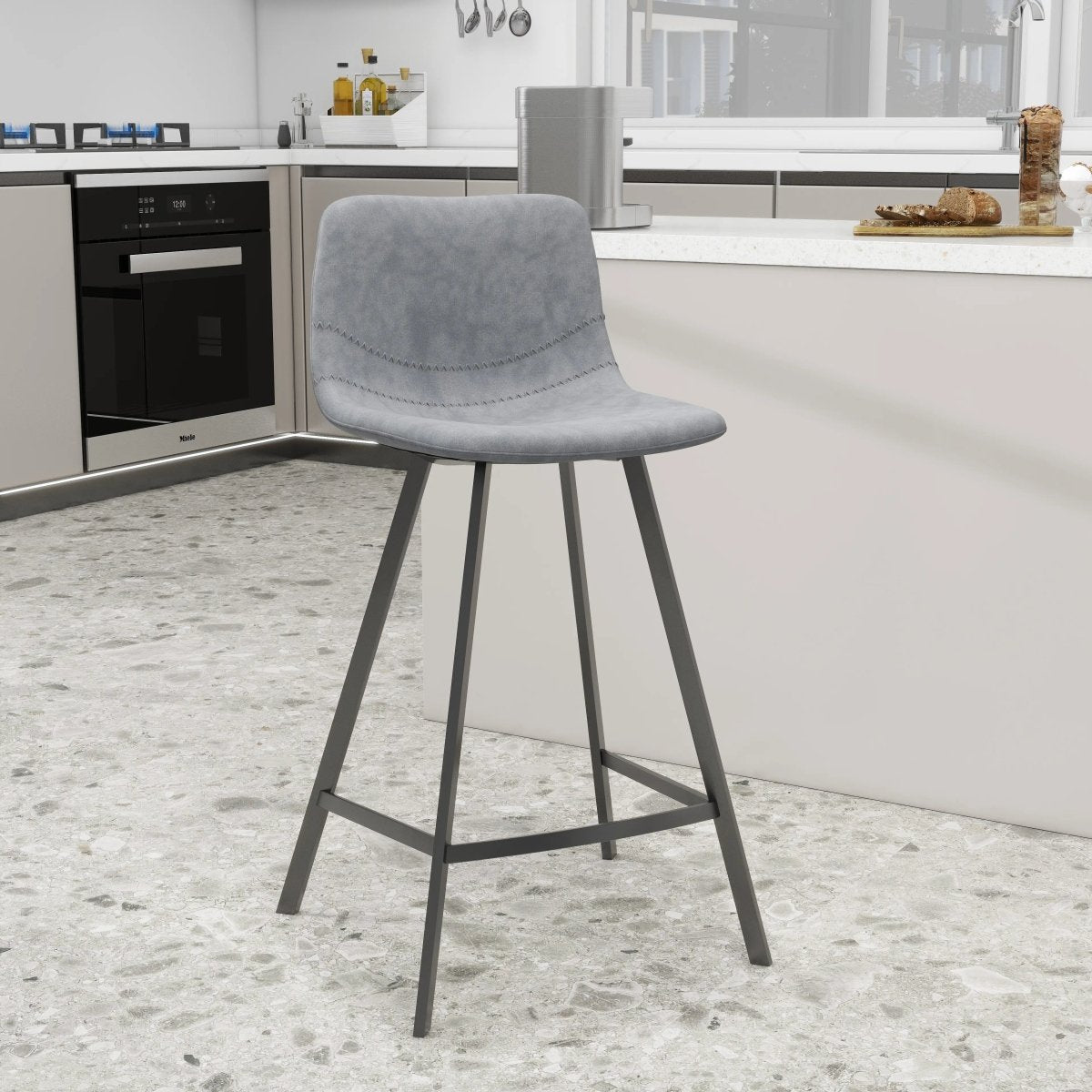 Elland Modern Upholstered Leather Bar Stool With Black Iron Legs & Footrest Set of 2