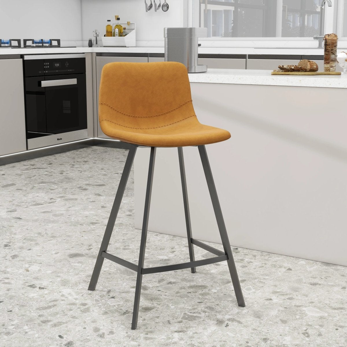 Elland Modern Upholstered Leather Bar Stool With Black Iron Legs & Footrest Set of 2
