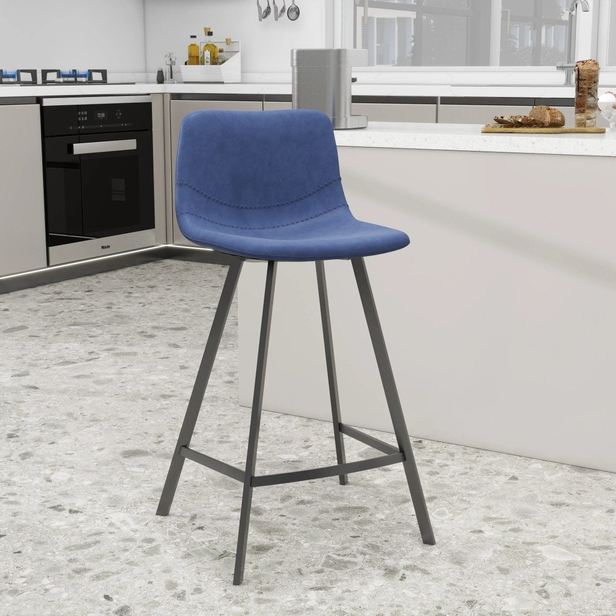 Elland Modern Upholstered Leather Bar Stool With Black Iron Legs & Footrest Set of 2