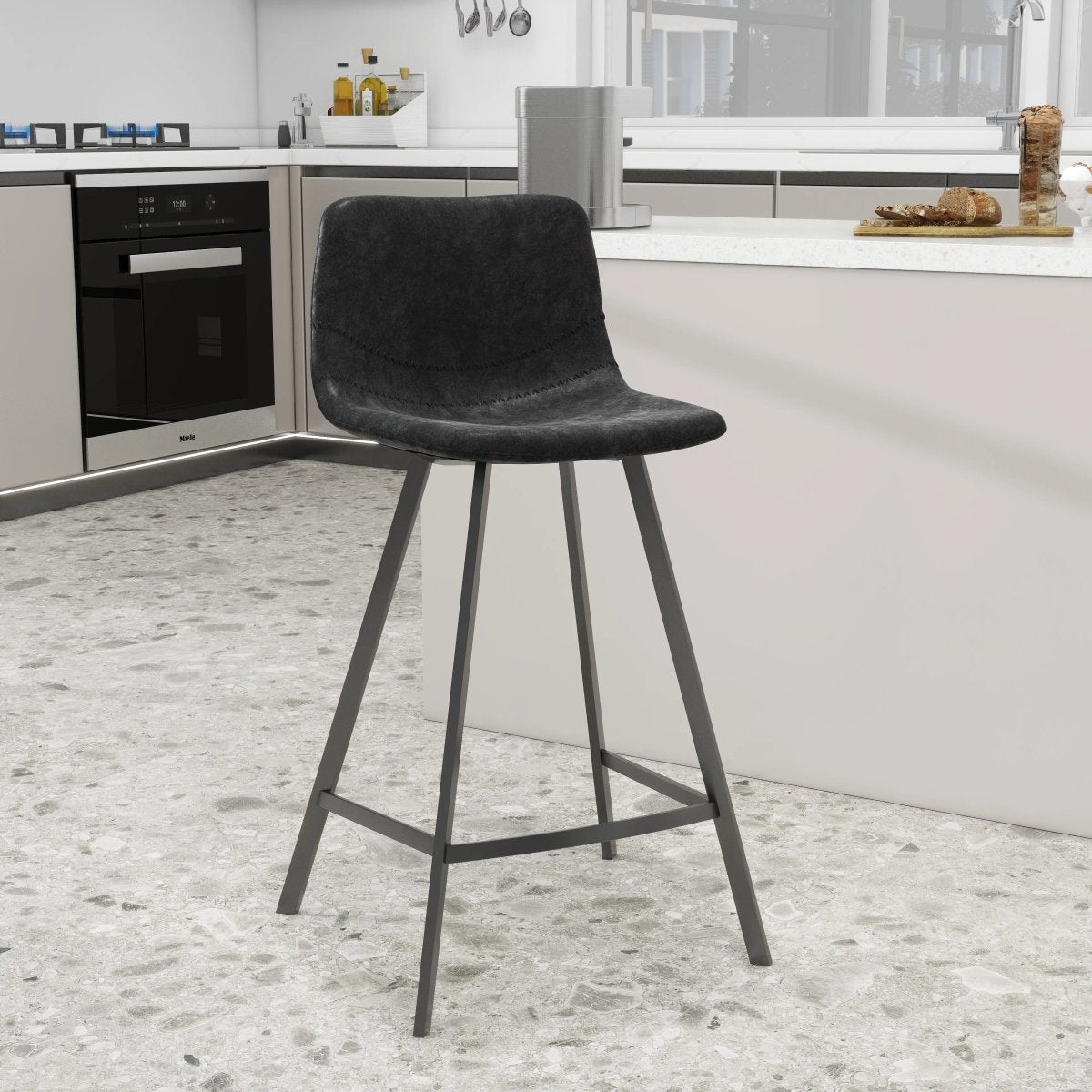 Elland Modern Upholstered Leather Bar Stool With Black Iron Legs & Footrest Set of 2