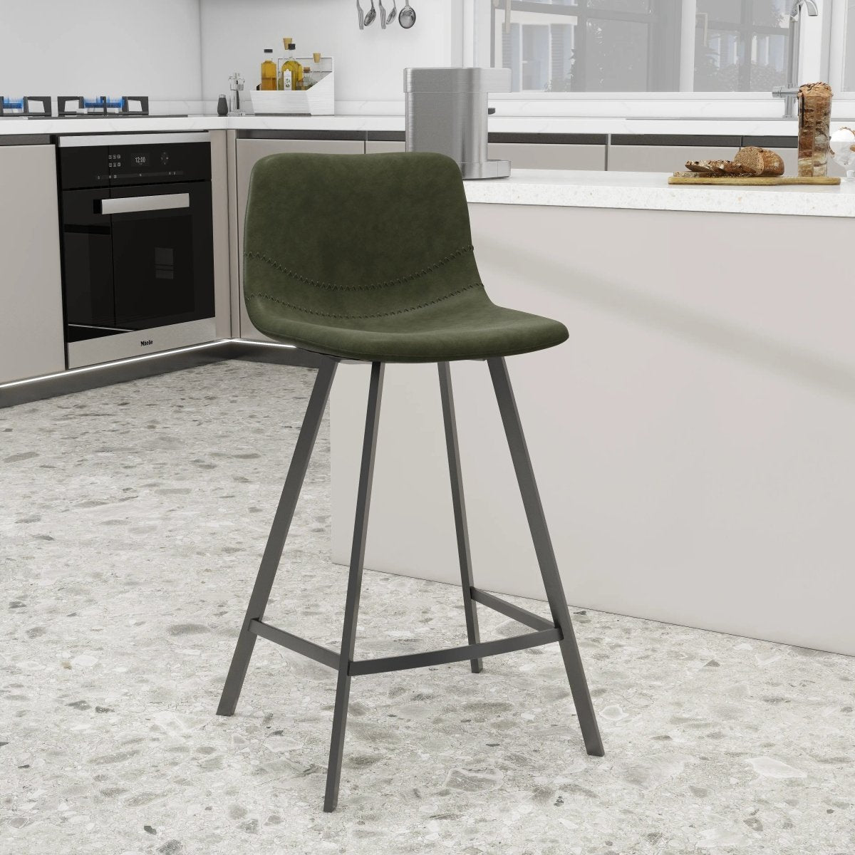 Elland Modern Upholstered Leather Bar Stool With Black Iron Legs & Footrest Set of 2