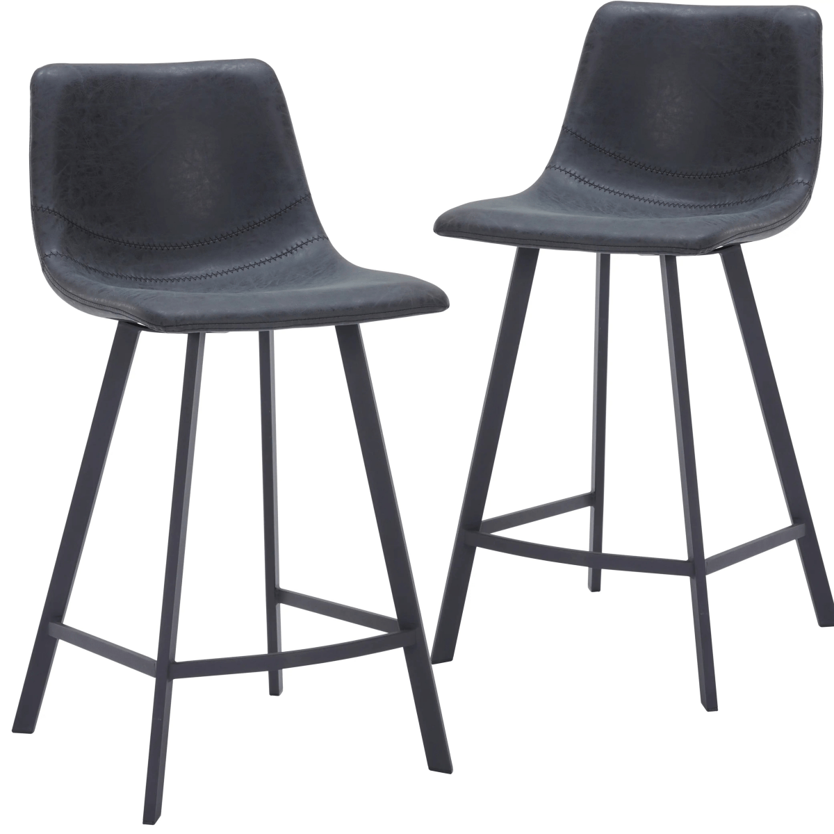 Elland Modern Upholstered Leather Bar Stool With Black Iron Legs & Footrest Set of 2