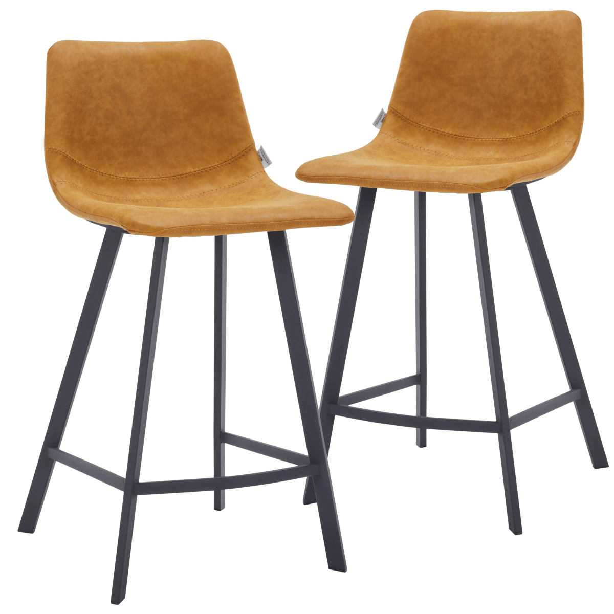 Elland Modern Upholstered Leather Bar Stool With Black Iron Legs & Footrest Set of 2