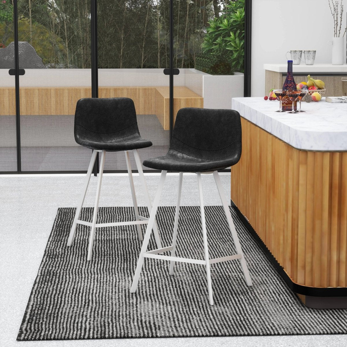 Elland Modern Upholstered Leather Bar Stool With White Iron Legs & Footrest Set of 2