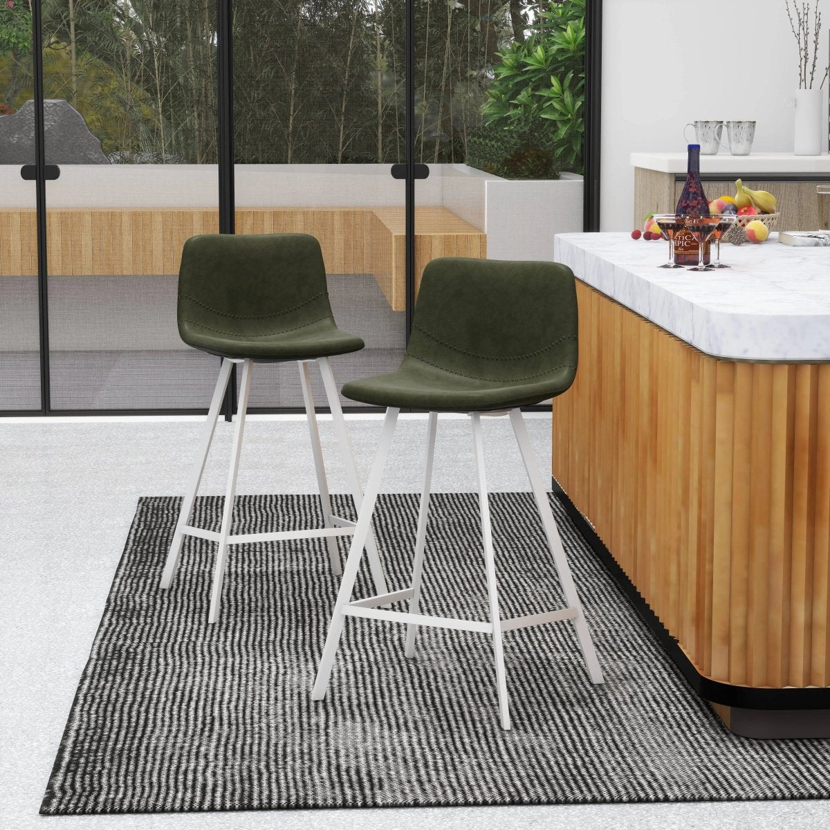 Elland Modern Upholstered Leather Bar Stool With White Iron Legs & Footrest Set of 2
