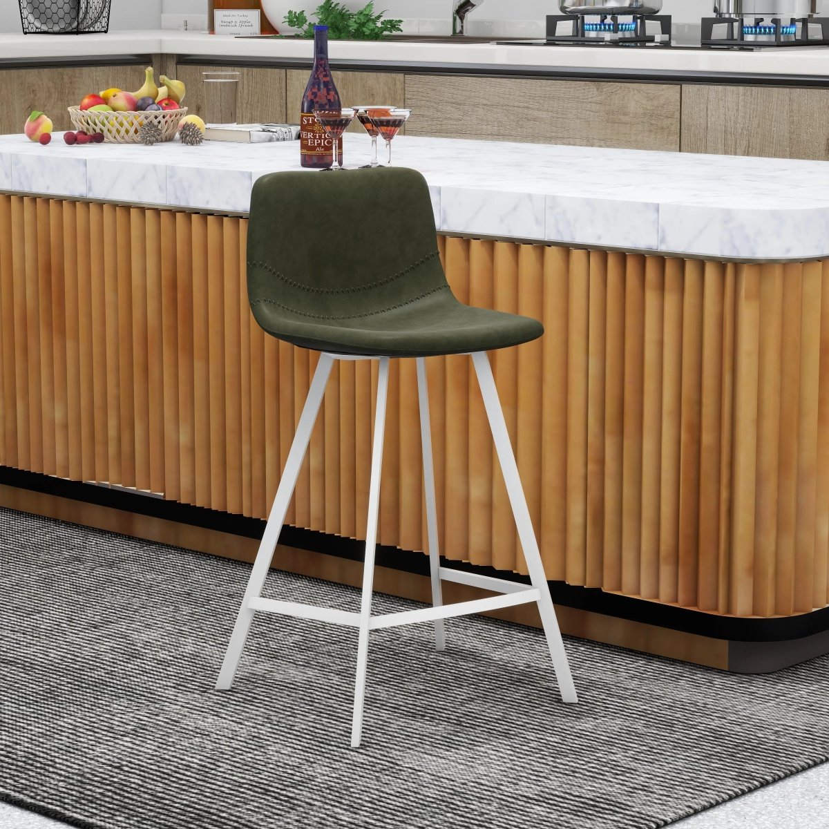 Elland Modern Upholstered Leather Bar Stool With White Iron Legs & Footrest Set of 2