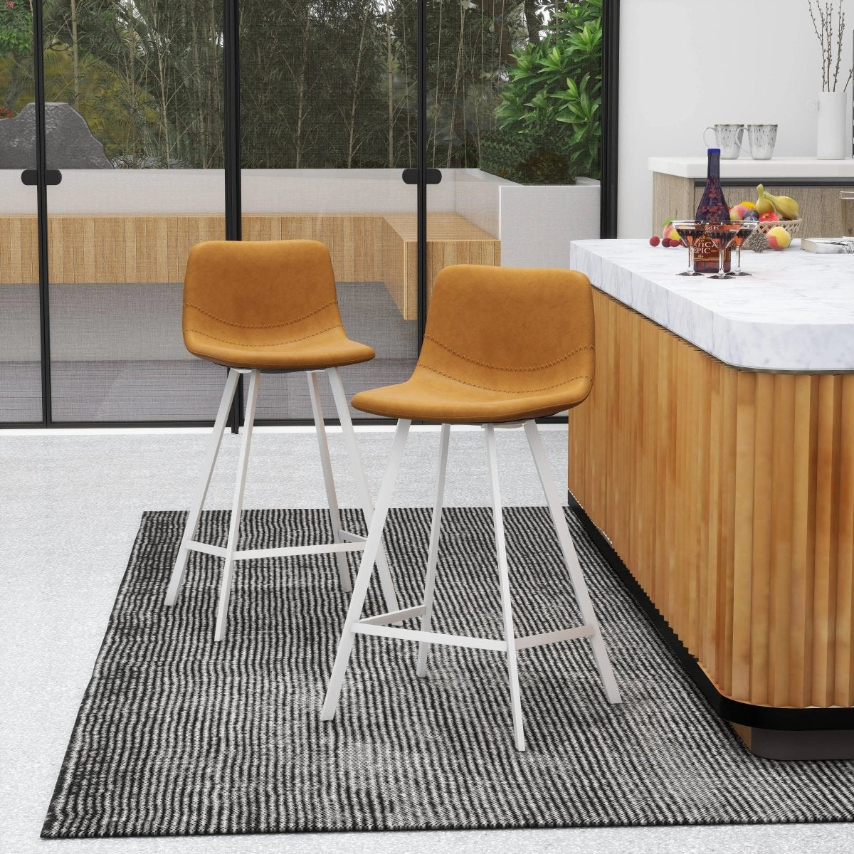Elland Modern Upholstered Leather Bar Stool With White Iron Legs & Footrest Set of 2
