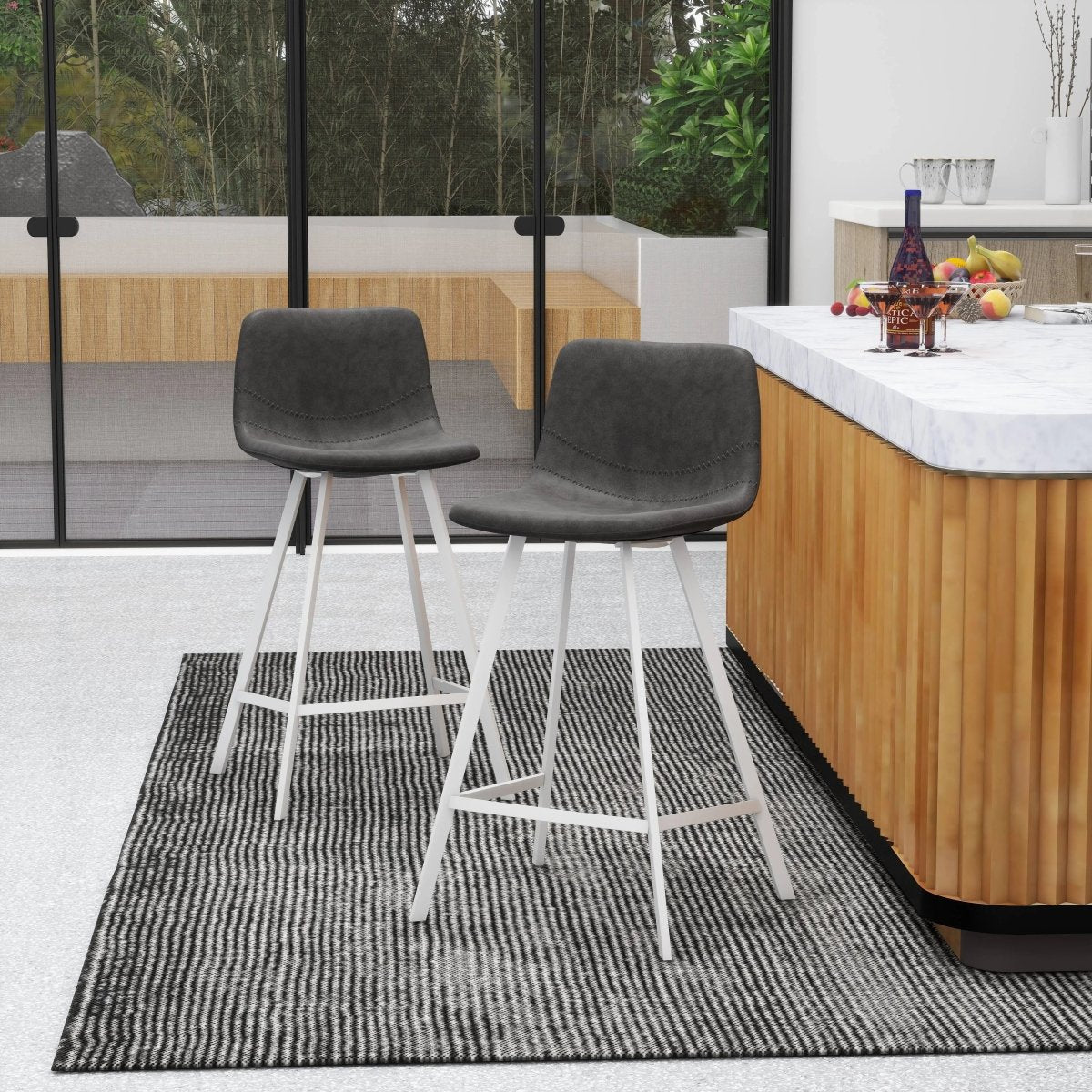 Elland Modern Upholstered Leather Bar Stool With White Iron Legs & Footrest Set of 2