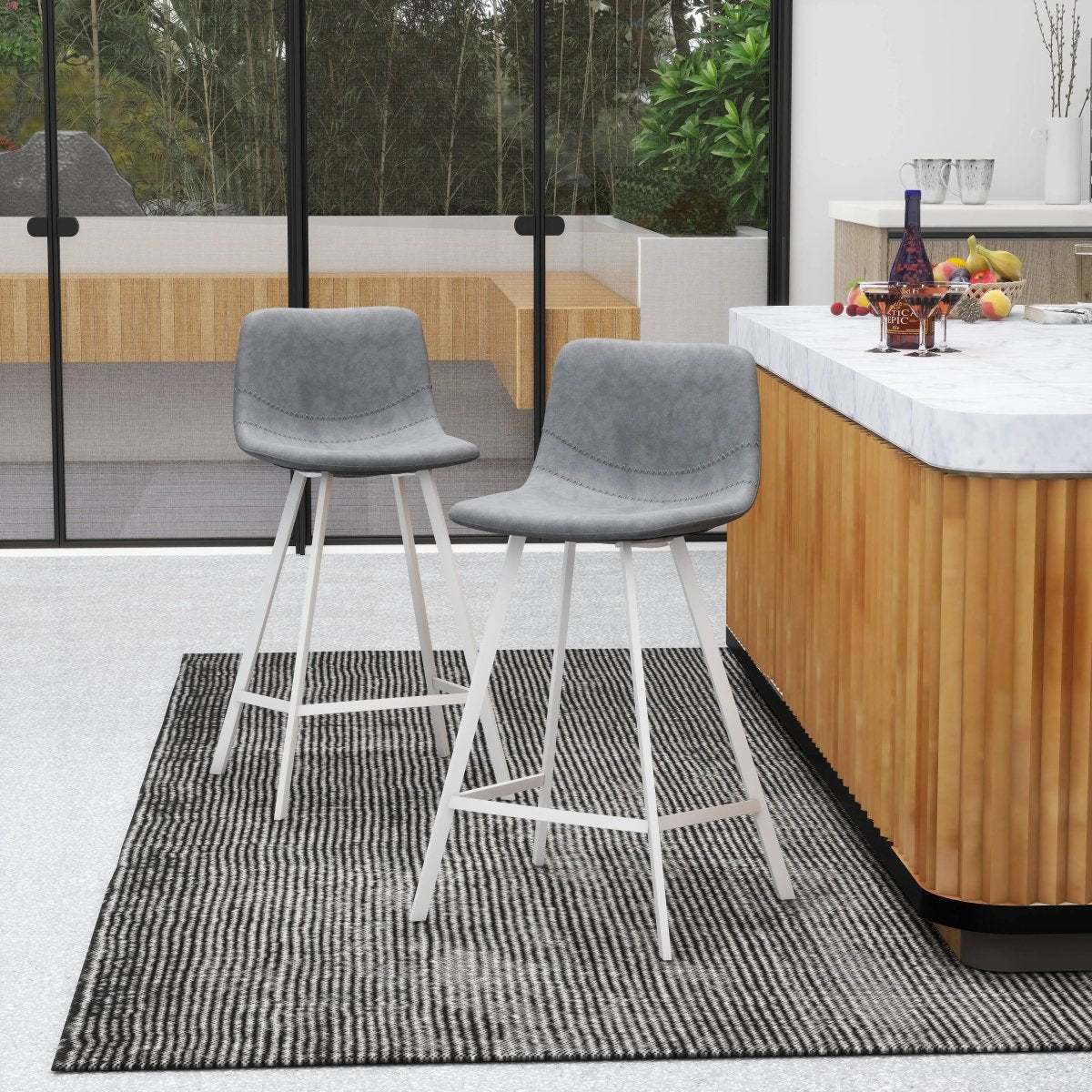 Elland Modern Upholstered Leather Bar Stool With White Iron Legs & Footrest Set of 2