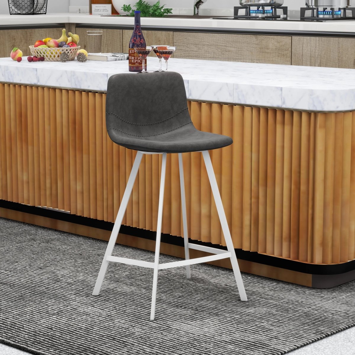 Elland Modern Upholstered Leather Bar Stool With White Iron Legs & Footrest Set of 2