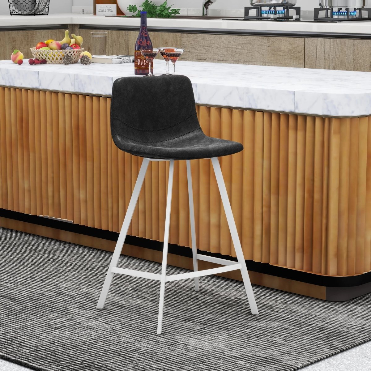 Elland Modern Upholstered Leather Bar Stool With White Iron Legs & Footrest Set of 2
