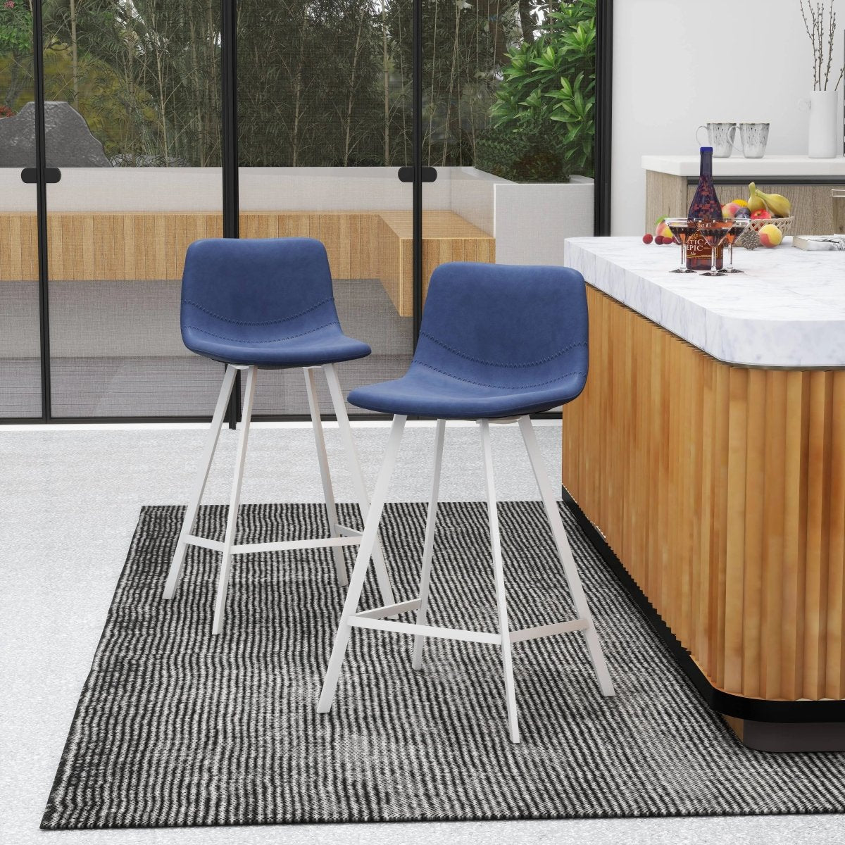 Elland Modern Upholstered Leather Bar Stool With White Iron Legs & Footrest Set of 2