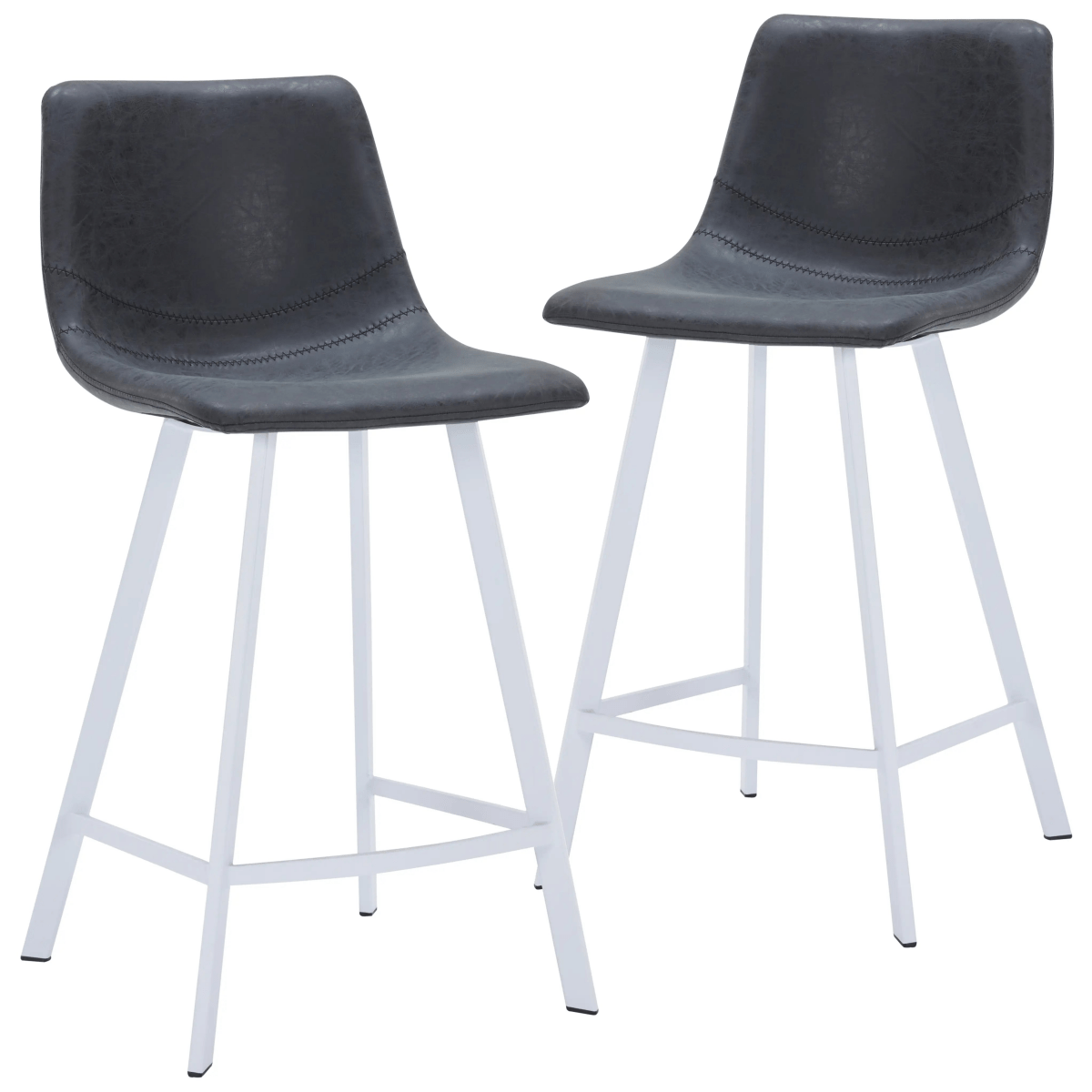 Elland Modern Upholstered Leather Bar Stool With White Iron Legs & Footrest Set of 2